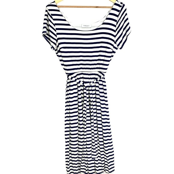 Gilli Striped Midi Dress Size L Navy Blue White Tie Waist Lined Short Sleeve - Picture 1 of 9